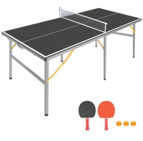 Ping Pong Table Foldable & Portable 6/8/9FT Table Tennis Table Set for Indoor & Outdoor Games with Net & Post, 2 Table Tennis Paddles and 3 Balls - color: Black-6FT