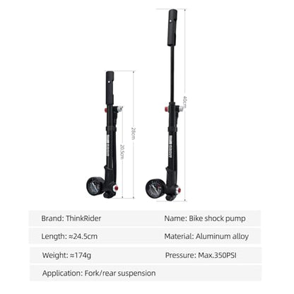 ThinkRider Shock Pump for Mountain Bike, High Pressure 350 Psi for Front Fork and Rear Bicycle Suspension Air Pump with Gauge Fits Schrader & Presta Tire Valve