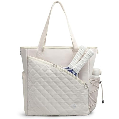 Pickleball Tote Bag for Women with Fence Hook, Quilted Pickleball Bag Holds 3-4 Paddles with Shoe Compartment & Wet Pocket - color: Beige