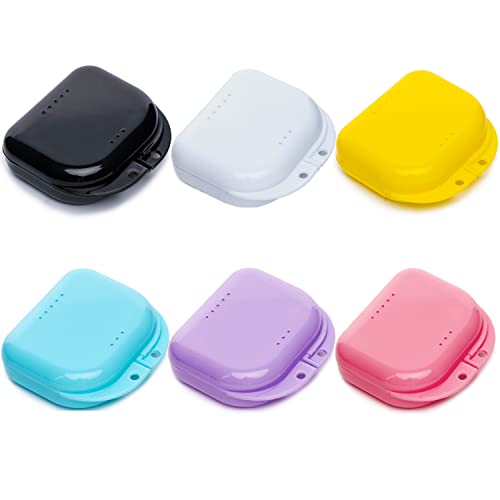 Retainer Case with Vent Holes, 6 Pcs Denture Case, Tight Snap Lock Orthodontic Mouth Guard Case， Black, White, Yellow, Light Purple, Pink and Blue, Easy to Use