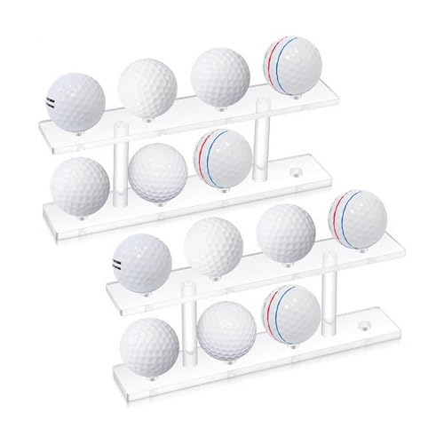 2Pcs Clear Acrylic Golfs Ball Holder Showcase 8 Balls Capacity Display Rack with Secure Grooves Golfs Ball Organizers Small Table Tennis Shelf