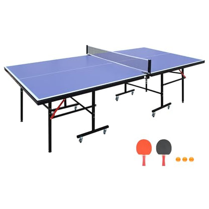 IUNNDS Portable Table Tennis Table 6/8/8.5/9FT Foldable Ping Pong Game Set for Indoor with Net and Post Set, 2 Paddles and 3 Balls - color: Blue-8FT with Wheel