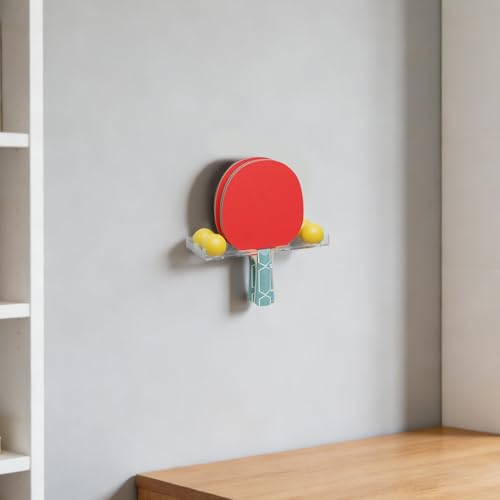 Table Tennis Bat Display Stand - Wall Mounted Acrylic Paddle Holder for 2 Rackets and 4 Balls - Display Stand Organizer for Game Room