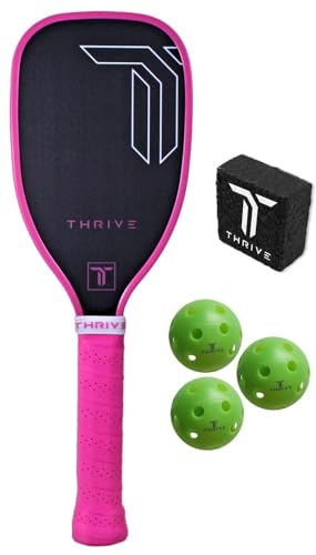 Thrive Pickleball Training Paddle Kit - Includes Trainer Paddle, 3 Fast Hands Mini Pickleballs & Paddle Eraser - T-700 Carbon Fiber, Extra Long Handle, 16mm Core - color: PINK