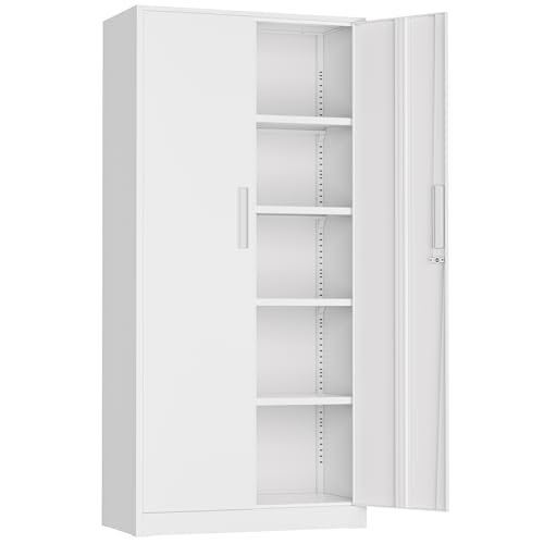 72” Metal Storage Cabinet, Locking Tall Steel Storage Cabinet with 2 Doors and 4 Adjustable Shelves for Garage, Home, Office (White) - color: White, size: 72"Storage Cabinet