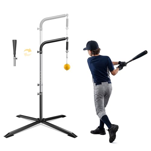 2-in-1 Baseball & Softball Swing Trainer – Reinforced Soft-Rope Version, Adjustable Height 30"-46", Heavy-Duty X-Base, Smooth Impact Design for Stable Backyard Practice