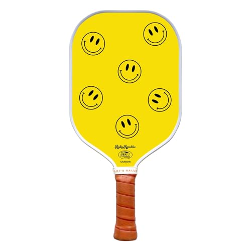 Officially Licensed Pickleball Paddle - USA Pickleball Association Approved Racket - Lightweight Honeycomb Core, Carbon Fiber Exterior, Premium Leather Grip for Comfort - color: The Happy