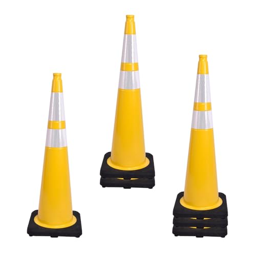 6 Pack Yellow 36 Inch Black Base Traffic Cones for Construction Zones, Traffic Control, Municipal Work & Worksite Safety (6, Yellow, 36 Inch) - color: Yellow, size: 36 Inch