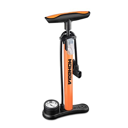MOHEGIA Bike Floor Pump with Gauge: Air Bicycle Pump with High Pressure 160 PSI,Fits Schrader and Presta Valve -Inflator with Ball Pump Needles for MTB Road Bike, Ball, Balloon, Inflatables - color: orange