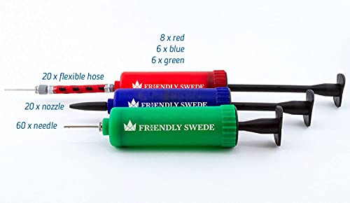 The Friendly Swede Ball Pump for Sports Balls — Hand Air Pump Including Needles and Nozzles - Built-in Needle Storage & Flexible Hose - Suitable for Basketball, Soccer, Volleyball - Multipack