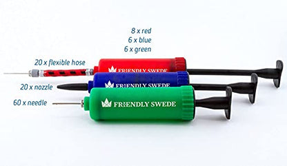 The Friendly Swede Ball Pump for Sports Balls — Hand Air Pump Including Needles and Nozzles - Built-in Needle Storage & Flexible Hose - Suitable for Basketball, Soccer, Volleyball - Multipack