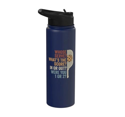 Whose Serve What's the Score Funny Pickleball Questions Stainless Steel Insulated Water Bottle - color: Navy Blue