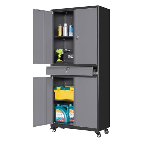 Yizosh Metal Garage Storage Cabinet with Locking Doors and Adjustable Shelves, -73" Steel Rolling Tool Storage Cabinet with 4 Wheels and 1 Drawer for Garage,Office,Warehouse - color: Gray Black, size: 4 Wheel - 1 Drawer - 73"H