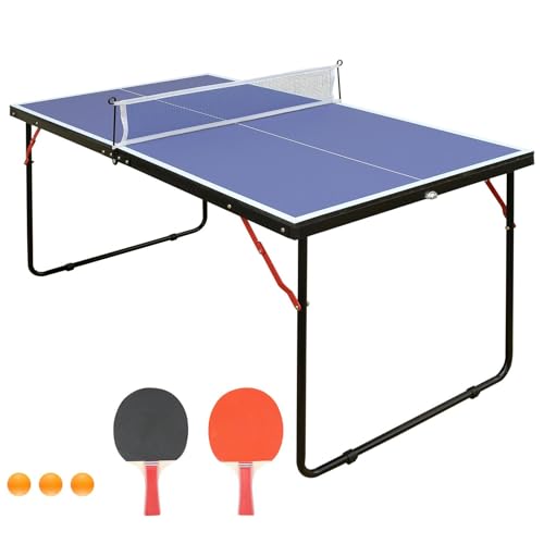 4.5ft Foldable Table Tennis Set, Portable Ping Pong Table with Net & 2 Paddles & Balls, Multi-Use Family Game Table Compact Design for All Ages, Blue