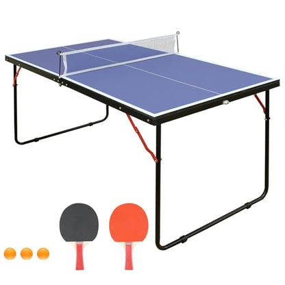 4.5ft Foldable Table Tennis Set, Portable Ping Pong Table with Net & 2 Paddles & Balls, Multi-Use Family Game Table Compact Design for All Ages, Blue