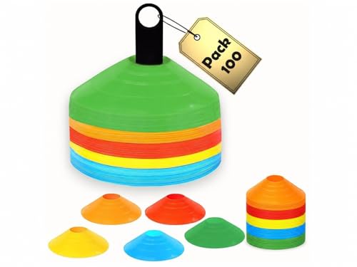 Soccer Cones 100/50/25 Pack with Carry Bag & Holder Five Colors | Agility Disc Cones Set for Training | Sports Practice Equipment for Soccer, Football, Basketball, Coaching & Speed - size: 100 Pack