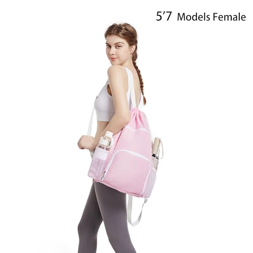 BAVELOE Drawstring Backpack with Wet Pocket & Shoe Compartment, Water-Resistant Sports Gym Swim String Bag for Women Men(Pink) - color: Pink