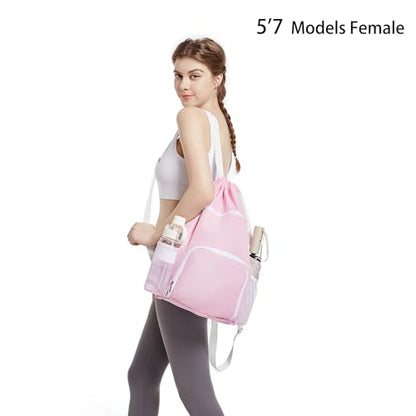 BAVELOE Drawstring Backpack with Wet Pocket & Shoe Compartment, Water-Resistant Sports Gym Swim String Bag for Women Men(Pink) - color: Pink