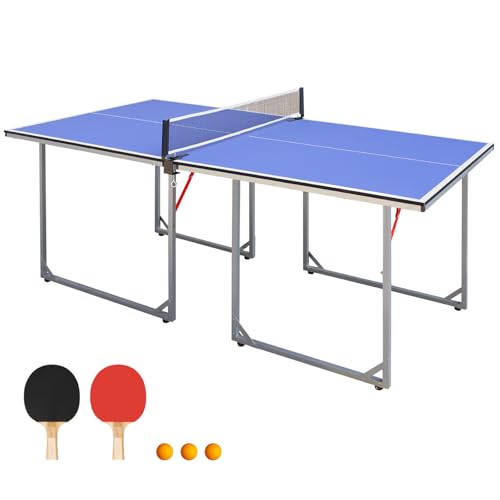 6FT Ping Pong Table Foldable Midsize Table Tennis Table for with Net, Table Tennis Paddles and Balls, MDF Multi-Use Family Game Table Assembly Free for Kid Teenager Adult, Compact & Portable - color: White Legs/72''x36''