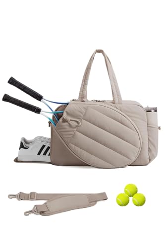 Pickleball,Tennis Racket Bag,Gym Bag for Women,Man. Quilted, Holds 2 Rackets with Shoe Compartment. Sport Bag for Gym, Court, Travel Duffle Bag - color: Beige