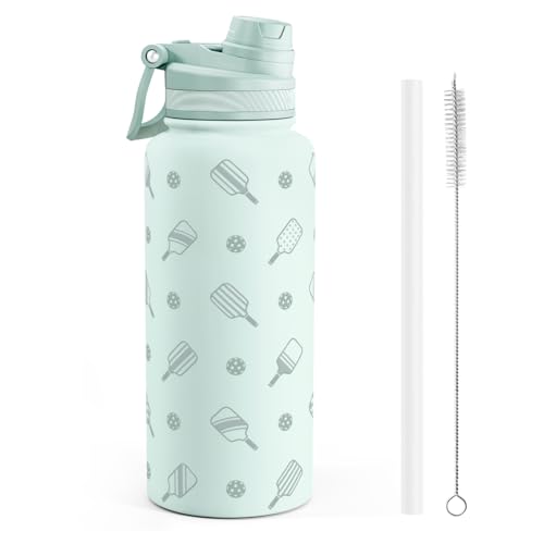 SANDJEST Pickleball Stainless Steel Water Bottle with Strap 32oz, Insulated Bottles with Straw and Spout Lid for Gym Sports Travel Outdoor, Gifts for Women Girls Birthday Christmas - color: Pickleball