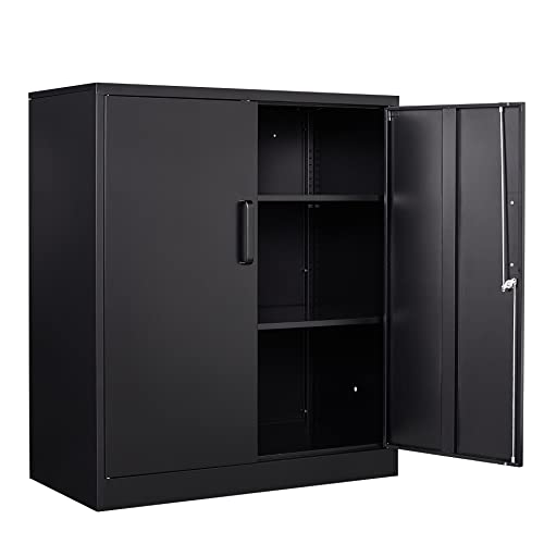 Yizosh Metal Garage Storage Cabinet with 2 Doors and 2 Adjustable Shelves - 35.5" Steel Lockable File Counter Cabinet for Home Office,Garage,Gym,School（Black） - color: Black, size: 2 Door - 35.5"H