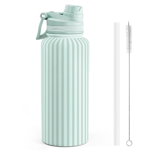SANDJEST Stripe Stainless Steel Water Bottle with Strap 32oz, Insulated Bottles with Straw and Spout Lid for Gym Sports Travel Outdoor, Gifts for Women Girls Birthday Christmas - color: Stripe