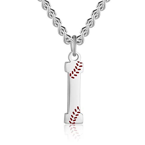 AIAINAGI Baseball Initial A-Z Letter Necklace - Men's Baseball Charm Pendant in Stainless Steel Silver Chain, 22inch Personalized Gift - style: I Letter