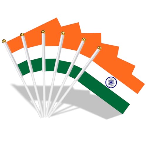 AhfuLife 15pcs India Hand Held Flag for for 26th January Decorations, 5.5 × 8.2 Inch India Stick Flag Small Flags with 11.8 Inch Poles for National Day Independence Day Garden Street Home Party Football Decorations - color: India, size: 5×8 Inch-15 Pcs