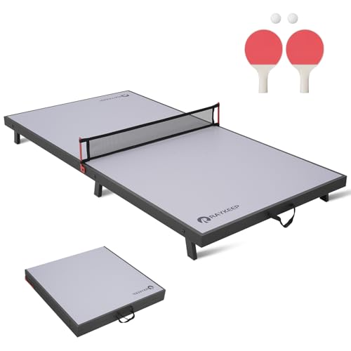 RAYKEEP Mini Foldable Table Tennis Table, 48" Portable Ping Pong Game Table for Indoor & Outdoor, Table Tennis Table Set w/Net, 2 Paddles, 2 Balls, No Assembly - color: Grey