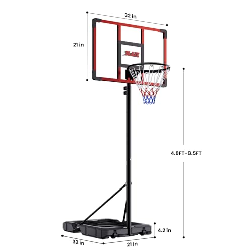 Portable Basketball Hoop for Kids & Teens, 4.1–8.5FT Adjustable Height, 32'' Shatterproof Backboard, Fillable Base with Weight Bag, Outdoor Goal for Backyard & Driveway(Black)