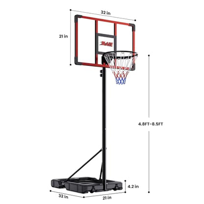 Portable Basketball Hoop for Kids & Teens, 4.1–8.5FT Adjustable Height, 32'' Shatterproof Backboard, Fillable Base with Weight Bag, Outdoor Goal for Backyard & Driveway(Black)