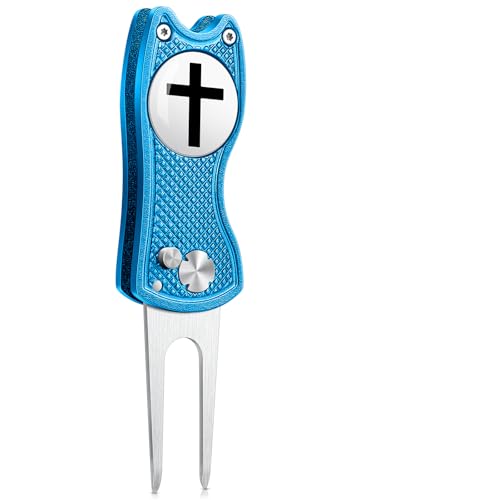 Golf Divot Repair Tool with Magnetic Ball Marker - Stainless Steel Foldable Divot Tool & Golf Divot Tool Featuring Cross Design for Faith-Based Golfers | Perfect for Greens Repair - color: Blue