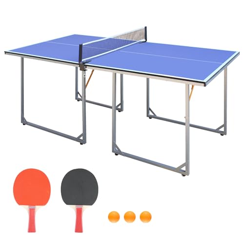 Table Tennis Table, 4.5 Ft / 6 Ft Foldable & Portable Ping Pong Table Set with 2 Table Tennis Paddles, 3 Balls and Net for Indoor Outdoor Game - color: Blue 6 FT