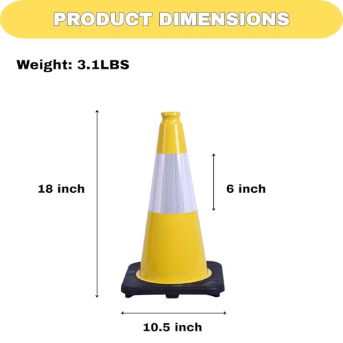 6 Pack Yellow 18 Inch Black Base Traffic Cones for Vehicle Maneuvering Practice, Driving Training, Lane Marking & Safety Warning (6, Yellow, 18 Inch) - color: Yellow, size: 18 Inch