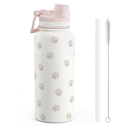 SANDJEST Paw Print Stainless Steel Water Bottle with Strap 32oz, Insulated Bottles with Straw and Spout Lid for Gym Sports Travel Outdoor, Gifts for Women Girls Birthday Christmas - color: Paw Print
