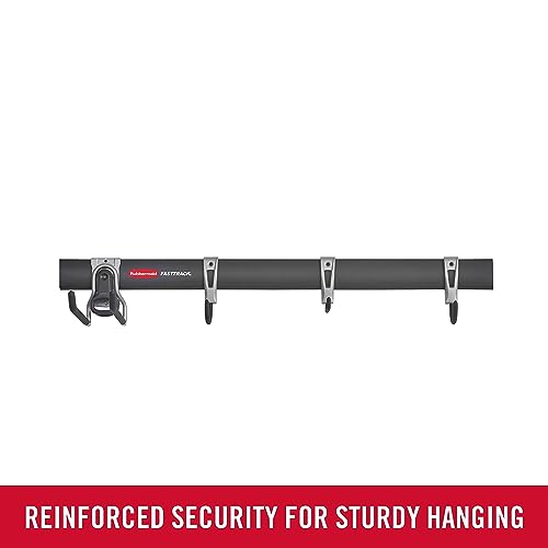 Rubbermaid FastTrack Garage Storage Utility Hooks 5 Piece Black All in One Rail Hook Kit and Tool Organizer Heavy Duty for Home/Garage/Shed/Garden - size: 1 Rail, 4 Hooks