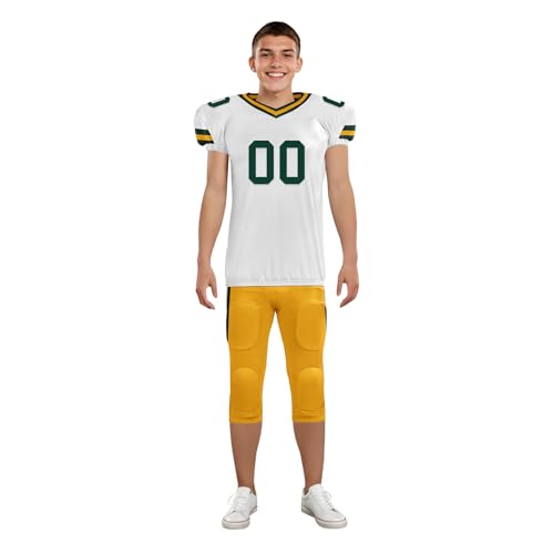 Youth Football Practice Jersey, Custom Blank Kids Practice Football Uniform Sportswear for Boys Training Games - color: Dark Green Gold White