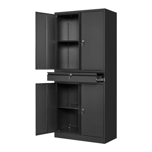 Yizosh Metal Garage Storage Cabinet with Locking Doors and Adjustable Shelves, 71" Tool Storage Cabinet with 1 Drawer for Garage,Warehouse (Black) - color: Black, size: 1 Drawer - 71"H