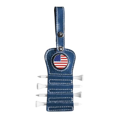VEASAERS Golf Tee Holder with USA Ball Marker 4 Pcs White Wood Tees, Portable Hold Different Tee Leather Gift Hook Hanging Clip to Golf Bag Belt - color: Blue