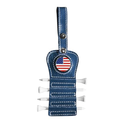 VEASAERS Golf Tee Holder with USA Ball Marker 4 Pcs White Wood Tees, Portable Hold Different Tee Leather Gift Hook Hanging Clip to Golf Bag Belt - color: Blue