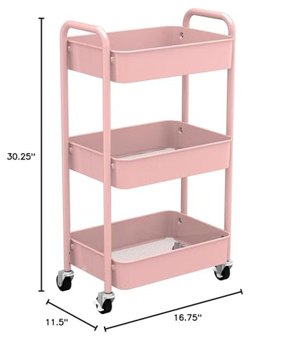 CAXXA 3-Tier Rolling Metal Storage Organizer - Mobile Utility Cart with Caster Wheels, Pink - color: Pink