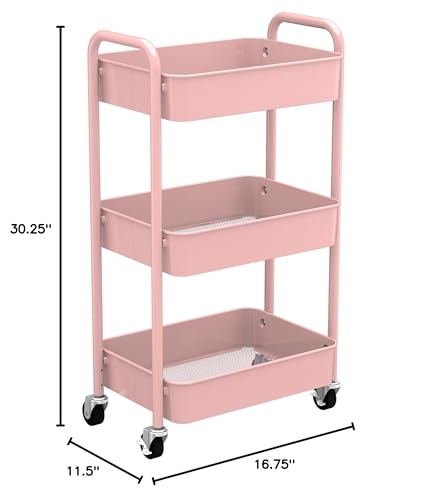 CAXXA 3-Tier Rolling Metal Storage Organizer - Mobile Utility Cart with Caster Wheels, Pink - color: Pink