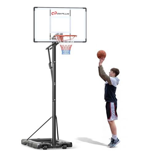 Goplus Portable Basketball Hoop Outdoor for Adults, 5.6-10 FT Adjustable Basketball Hoop Goal System with Shatterproof Backboard, Shock Absorbent Rim, Fillable Base, 2 Wheels, for Backyard Driveway