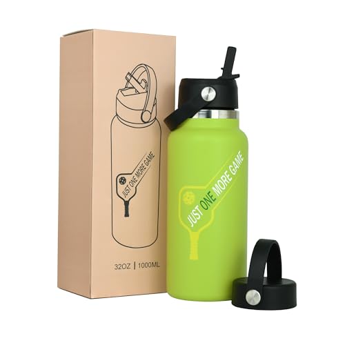 Pickleball Water Bottle 32 oz, Gifts for Pickleball Lovers, Wide Mouth Vacuum Insulated Sports Bottle with 2 Leakproof Lids, Stainless Steel Cup with Straw for Cold Drinks - color: Green