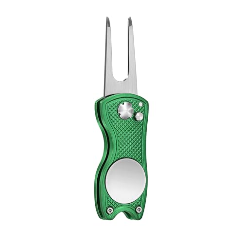 Mile High Life Golf Divot Repair Tool, All Metal Foldable Divot Tool with Pop-up Button & Magnetic Ball Marker, 2-6 Pack - color: Green Fish