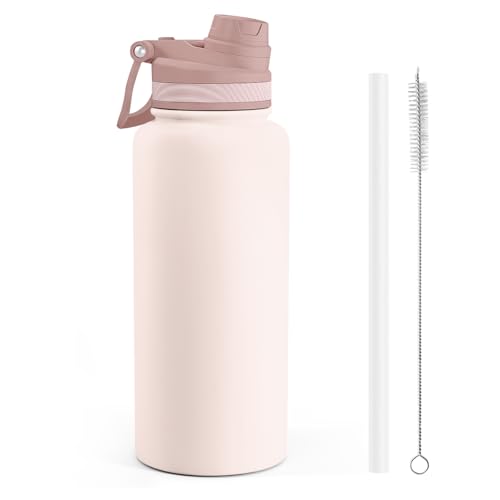 SANDJEST Stainless Steel Water Bottle with Strap 32oz, Insulated Bottles with Straw and Spout Lid for Gym Sports Travel Outdoor, Gifts for Women Girls Birthday Christmas (Beige) - color: Beige
