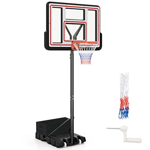 Goplus Basketball Hoop Outdoor, 7.4-10FT Quickly Height Adjustable Basketball Goal with 44 Inch Shatterproof PC Backboard, Wheels, Adults Basketball Stand for Court Backyard Driveway