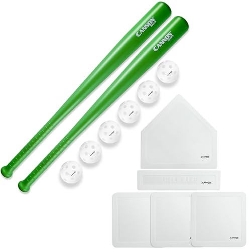 Cannon Sports Plastic Baseball Set with Two 29.5-Inch Bats, 6 Baseballs and 5 Throwdown Baseball Bases for Indoor Outdoor Games - color: Green, style: 2 Bats + 6 Balls + White Bases