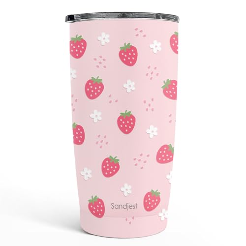 SANDJEST Strawberry Tumbler 20oz, Stainless Steel Travel Cup with Lid, Insulated Coffee Mug, Strawberry Gifts for Women Girls Friends Sisters on Birthday Christmas - color: Strawberry 1